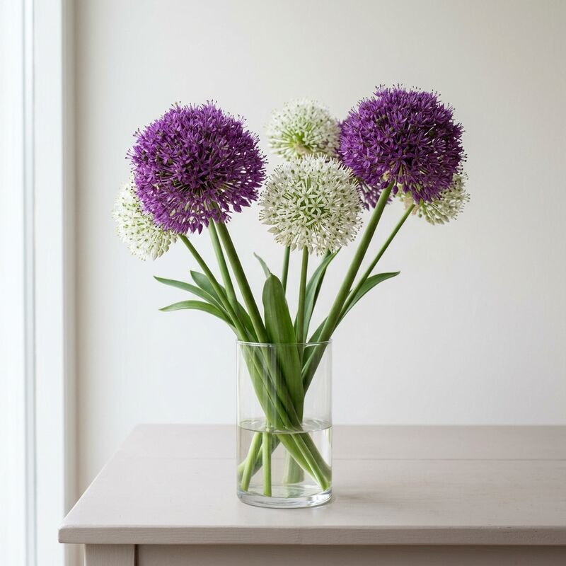 Steli recisi di Allium (Aglio ornamentale) (Allium giganteum) in un vaso di vetro