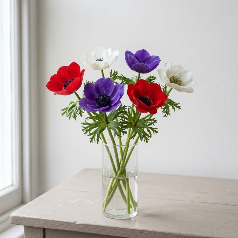Steli recisi di Anemone (Anemone coronaria) in un vaso di vetro