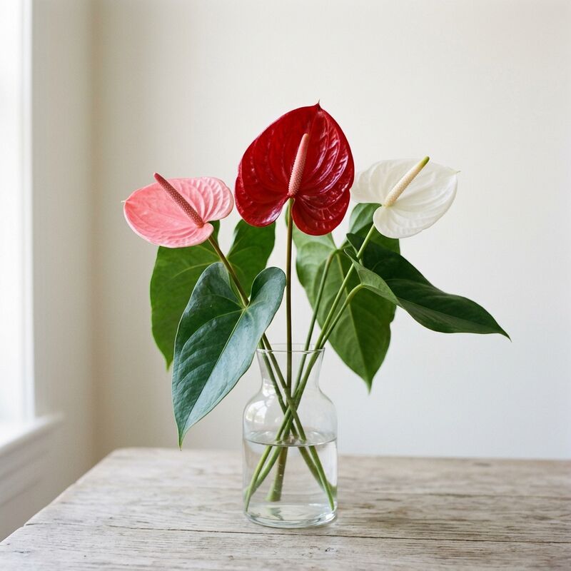 Schnittstiele von Flamingoblume (Anthurie) (Anthurium andraeanum) in einer Glasvase