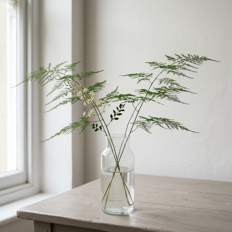 Steli recisi di Asparago ornamentale (Asparagus setaceus) in un vaso di vetro