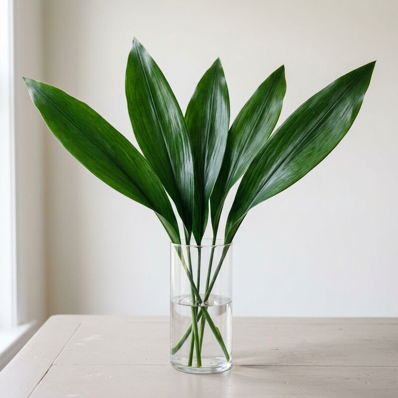Schnittstiele von Schusterpalme (Aspidistra) (Aspidistra elatior) in einer Glasvase