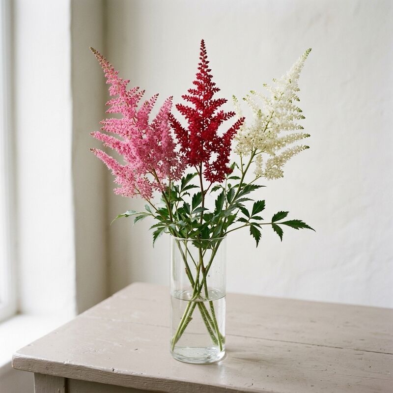 Steli recisi di Astilbe (Astilbe × arendsii) in un vaso di vetro