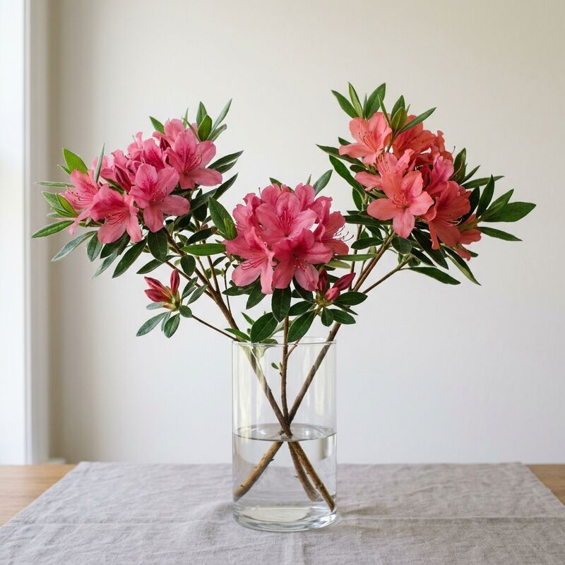 Schnittstiele von Azalee (Rhododendron) in einer Glasvase