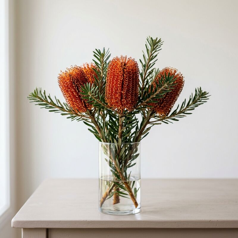 Schnittstiele von Banksie (Banksia) in einer Glasvase