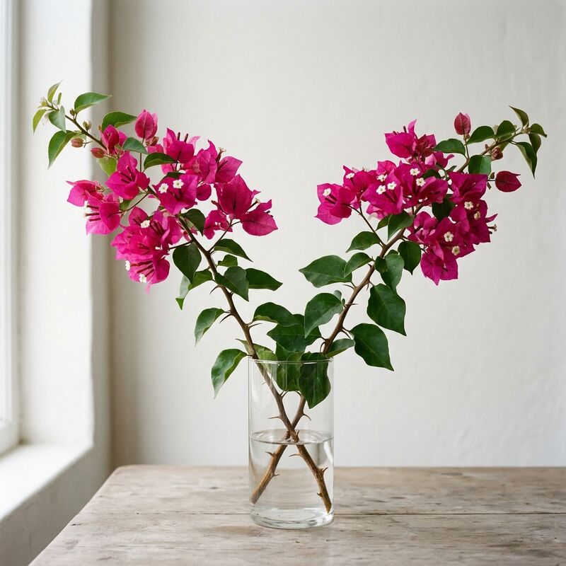 Steli recisi di Bouganville (Bougainvillea glabra, B. spectabilis) in un vaso di vetro