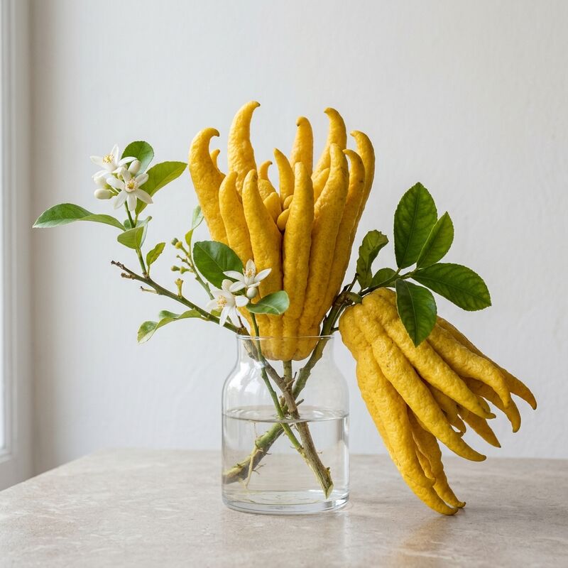 Schnittstiele von Buddhas Hand (Citrus medica var. sarcodactylis) in einer Glasvase