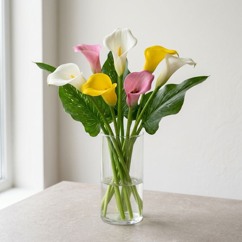 Schnittstiele von Calla (Zantedeschia) (Zantedeschia) in einer Glasvase