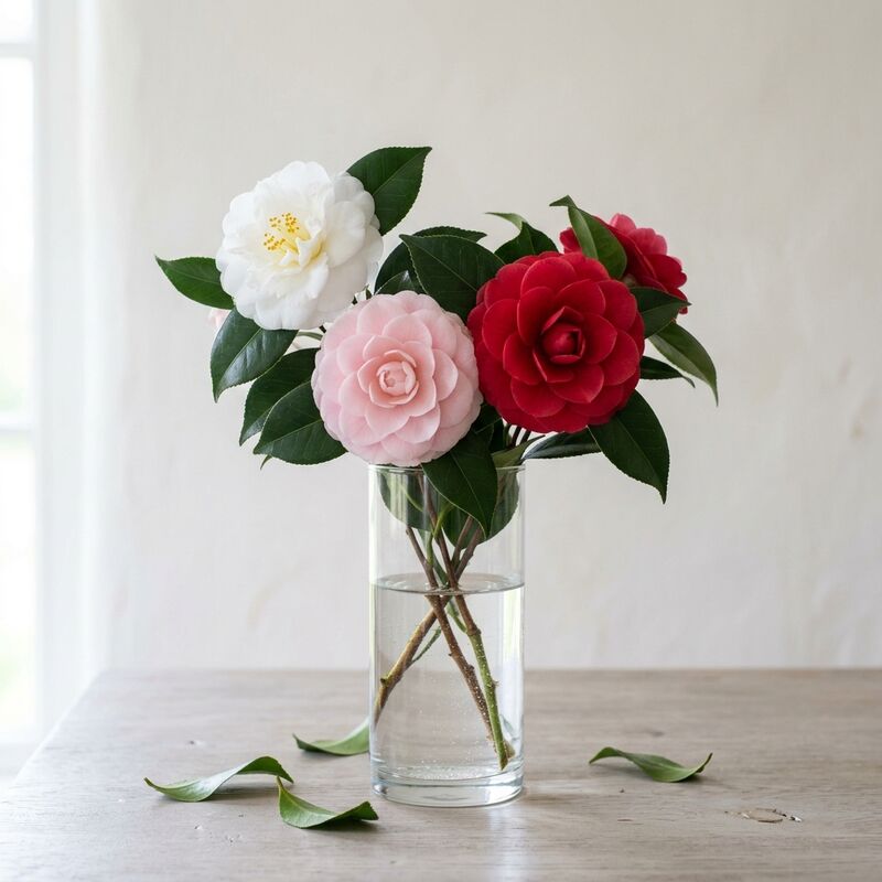 Schnittstiele von Kamelie (Camellia japonica) in einer Glasvase