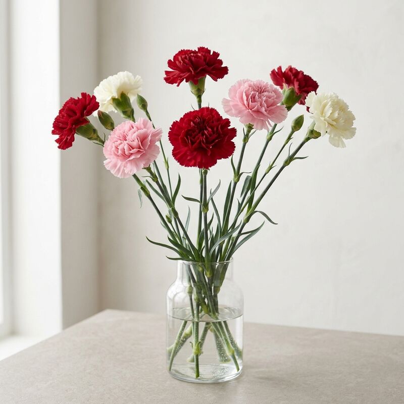 Clavel (Dianthus caryophyllus) en un jarrón de vidrio