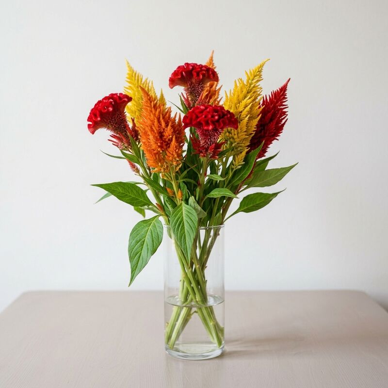 Schnittstiele von Brandschopf (Celosia) (Celosia argentea) in einer Glasvase
