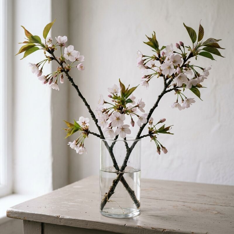 Schnittstiele von Kirschblüte (Prunus serrulata) in einer Glasvase