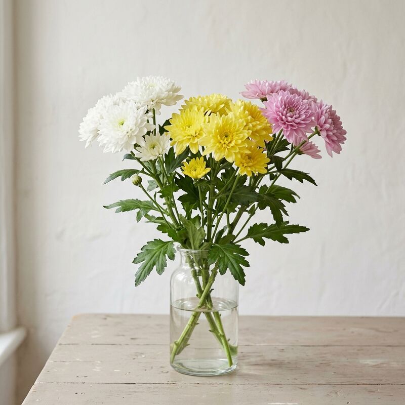 Schnittstiele von Chrysantheme (Chrysanthemum × morifolium) in einer Glasvase