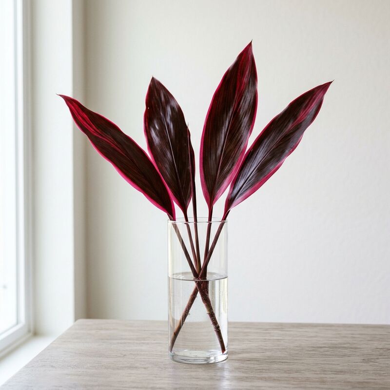 Schnittstiele von Keulenlilie (Cordyline) (Cordyline fruticosa) in einer Glasvase