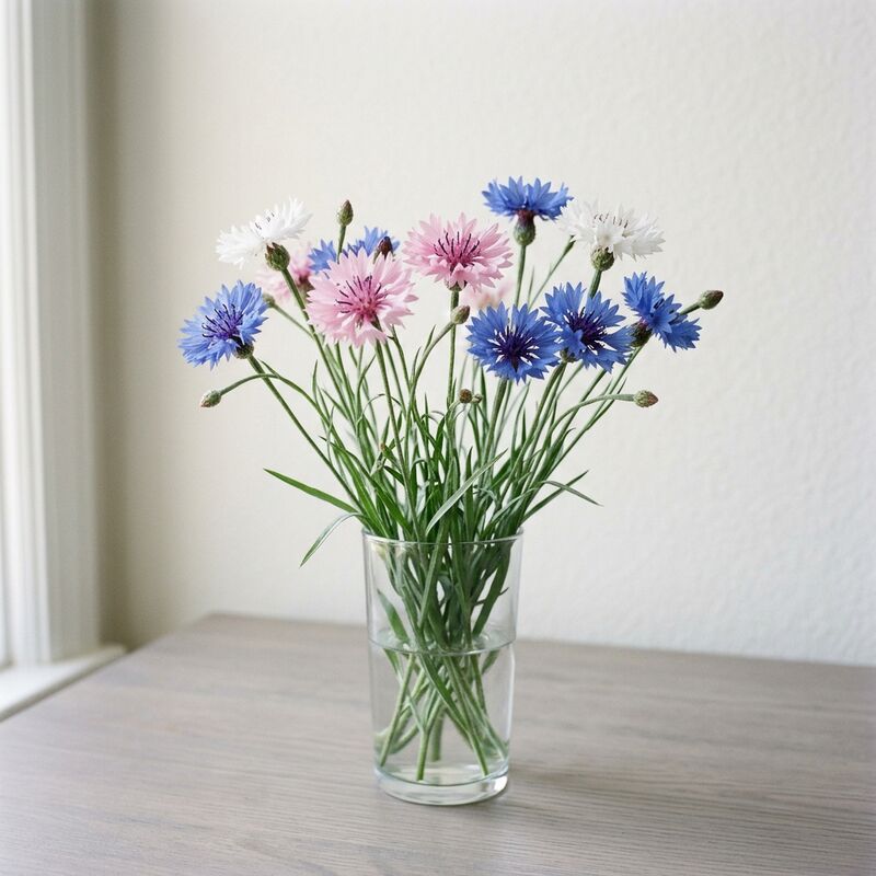 Schnittstiele von Kornblume (Centaurea cyanus) in einer Glasvase