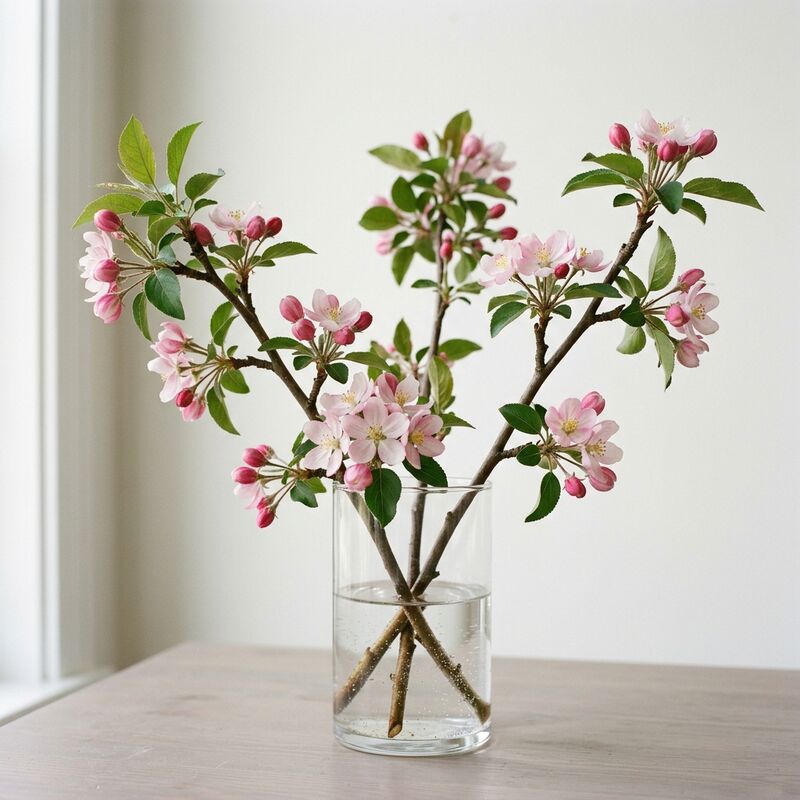 Steli recisi di Fiore di melo selvatico (Malus spectabilis) in un vaso di vetro