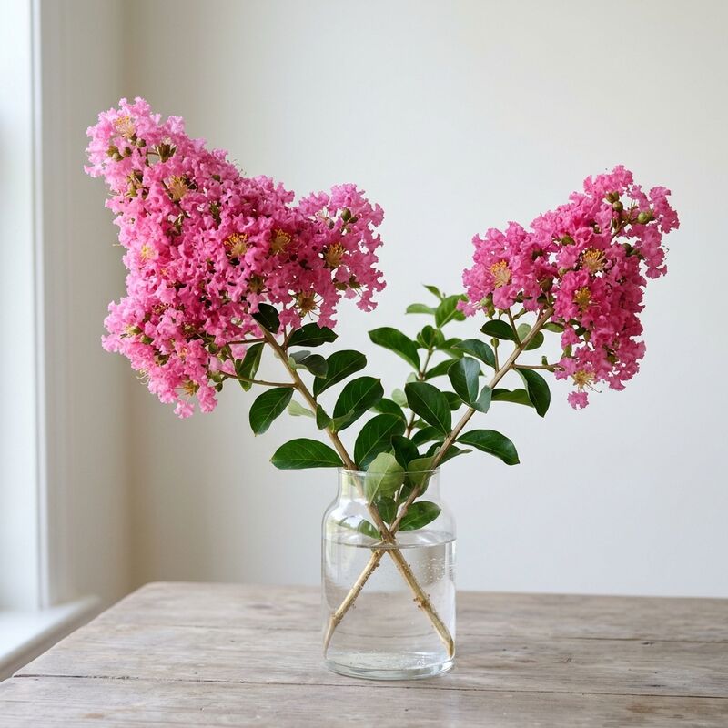 Schnittstiele von Kräuselmyrte (Lagerstroemia indica, L. speciosa) in einer Glasvase