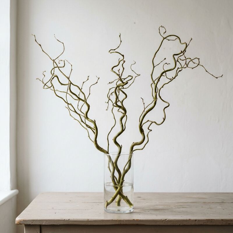Schnittstiele von Korkenzieherweide (Salix matsudana 'Tortuosa') in einer Glasvase