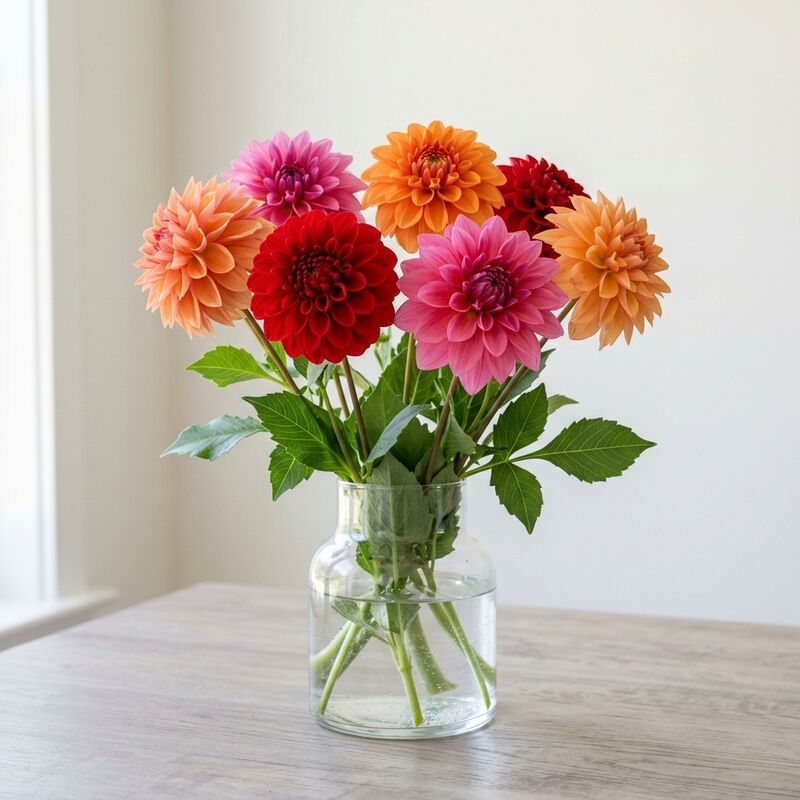 Dalia (Dahlia) en un jarrón de vidrio