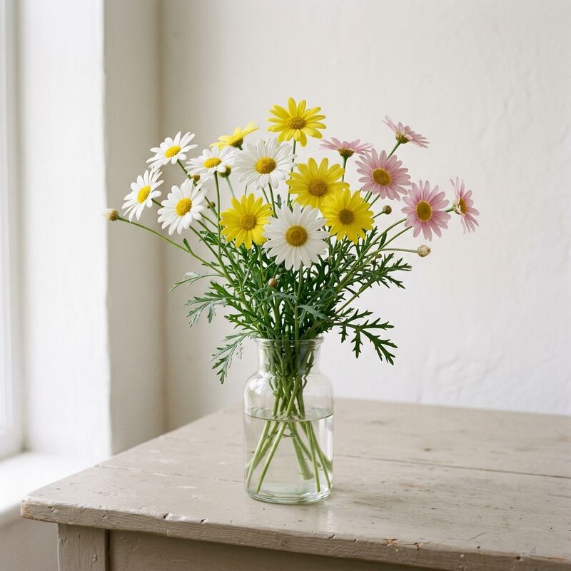 Margarita (Argyranthemum frutescens) en un jarrón de vidrio