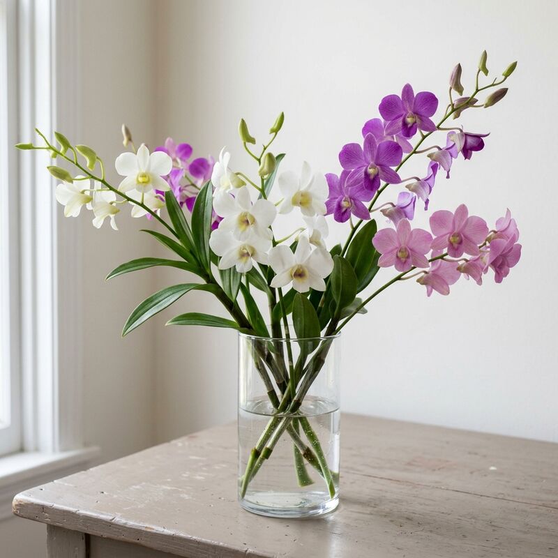 ガラスの花瓶に生けたデンファレ（デンドロビウム）（Dendrobium）