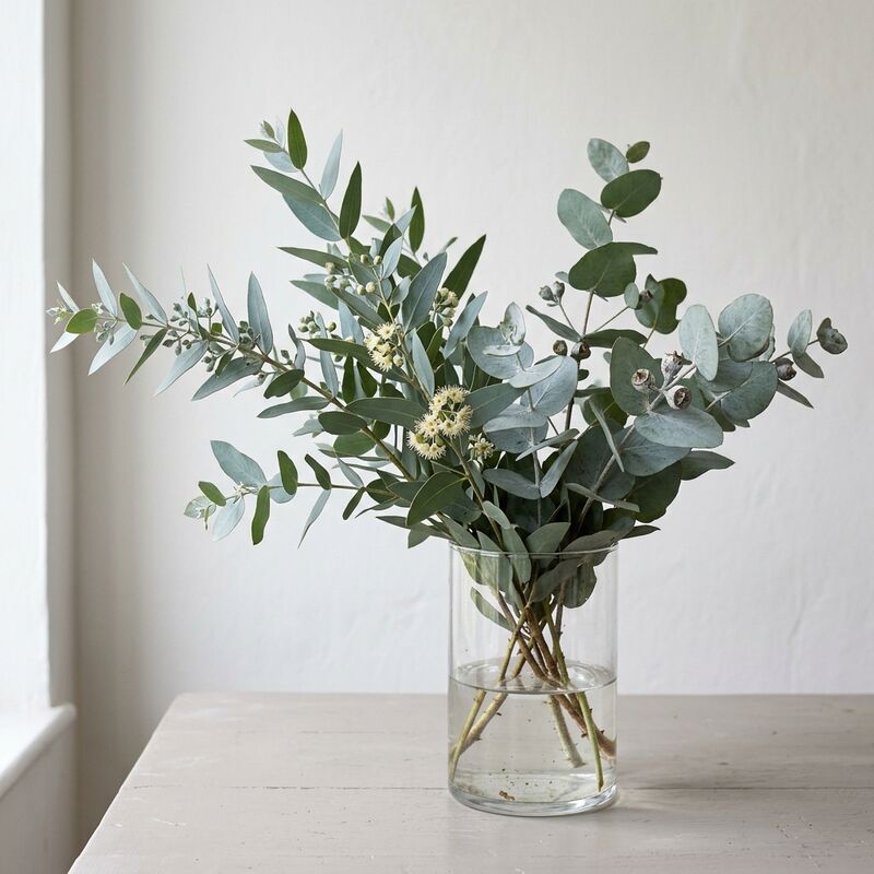 Eucalyptus (Eucalyptus cinerea, E. gunnii) dans un vase en verre