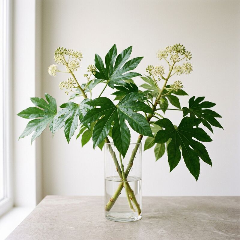 Fatsia (Fatsia japonica) en un jarrón de vidrio