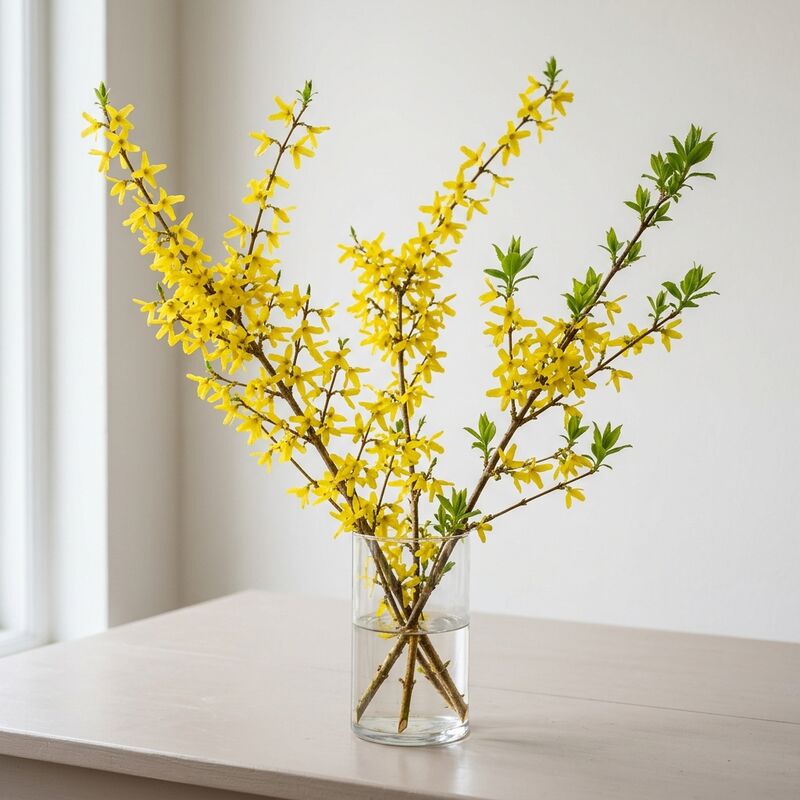 Schnittstiele von Forsythie (Goldglöckchen) (Forsythia × intermedia) in einer Glasvase