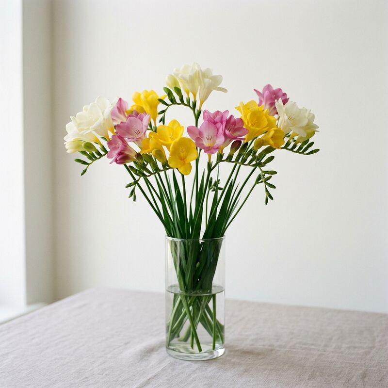 Schnittstiele von Freesie (Freesia × hybrida) in einer Glasvase