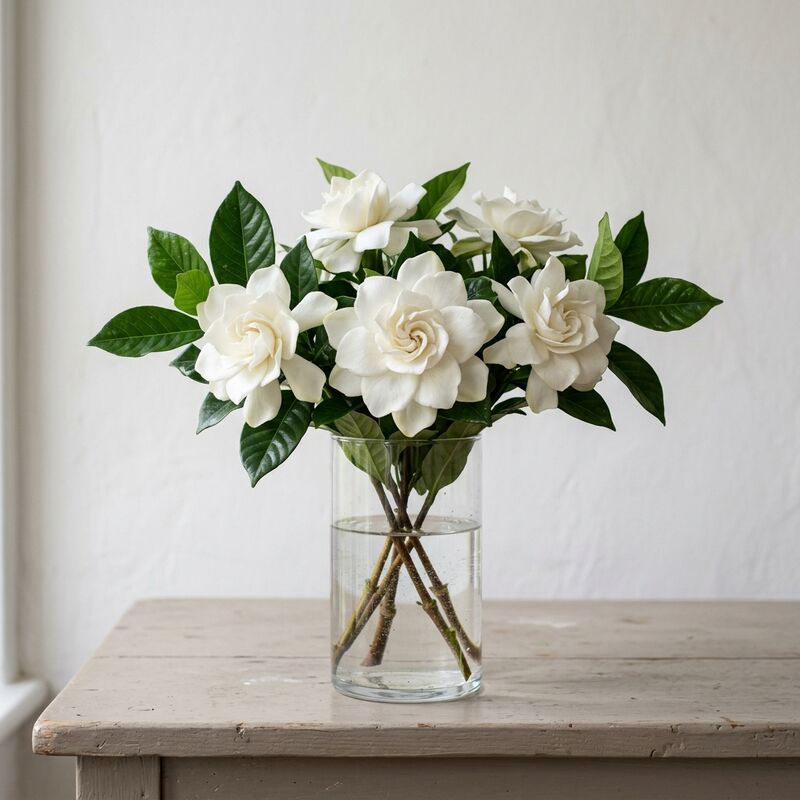 Schnittstiele von Gardenie (Gardenia jasminoides) in einer Glasvase