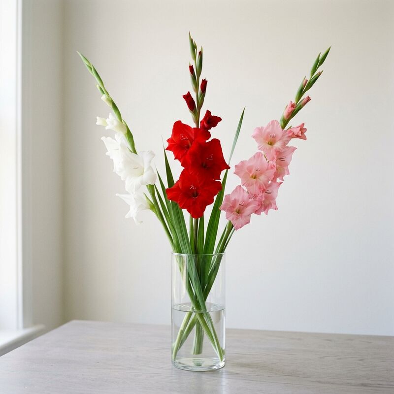 Steli recisi di Gladiolo (Gladiolus) in un vaso di vetro