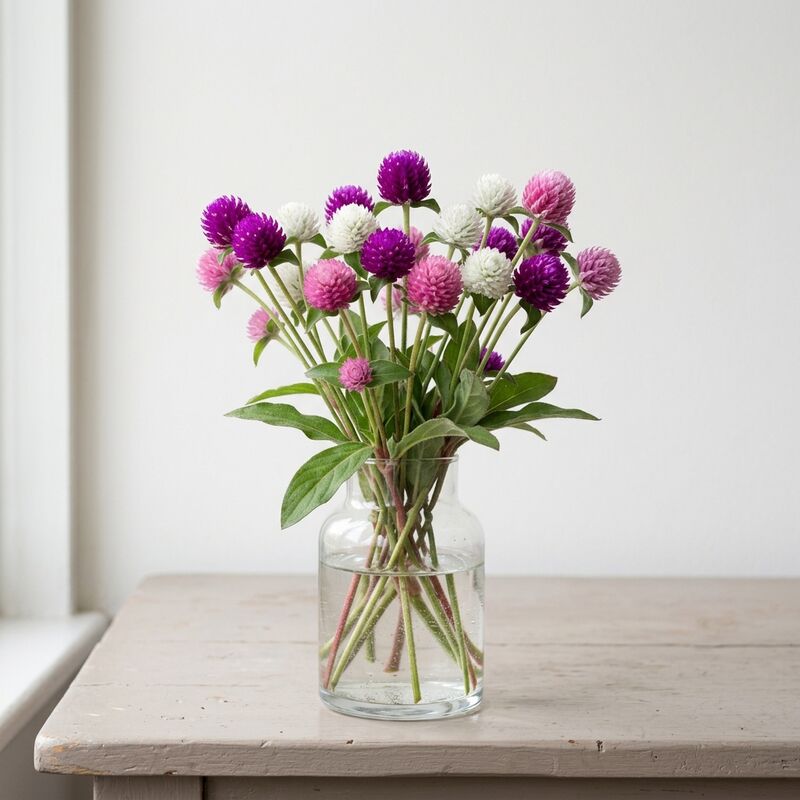 Gomfrena (Gomphrena globosa) en un jarrón de vidrio