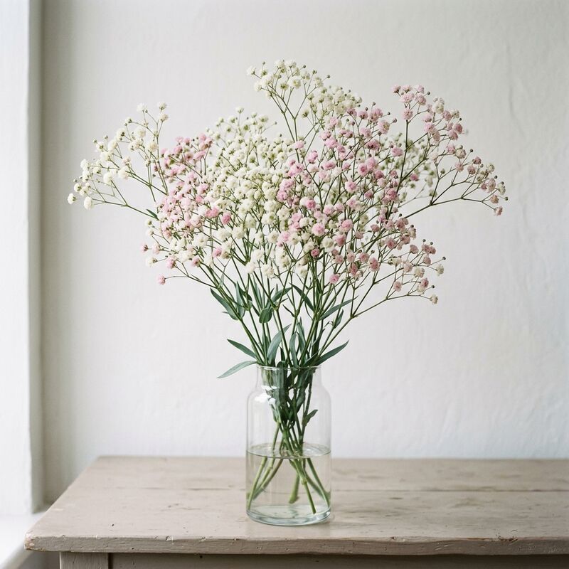 Schnittstiele von Schleierkraut (Gypsophila) (Gypsophila paniculata) in einer Glasvase
