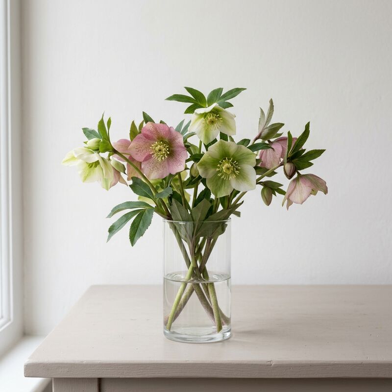 Steli recisi di Elleboro (Rosa di Natale) (Helleborus orientalis) in un vaso di vetro