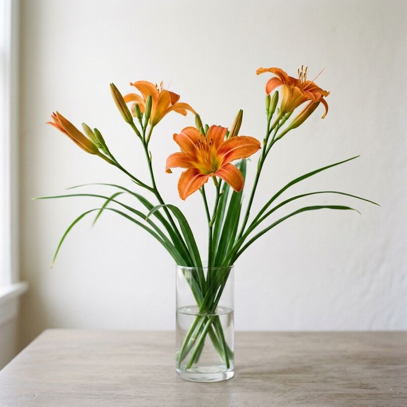 Schnittstiele von Taglilie (Hemerocallis fulva) in einer Glasvase