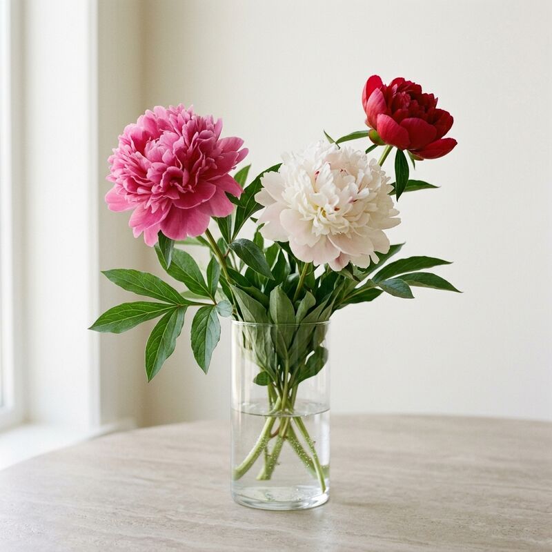 Steli recisi di Peonia erbacea (Paeonia lactiflora) in un vaso di vetro
