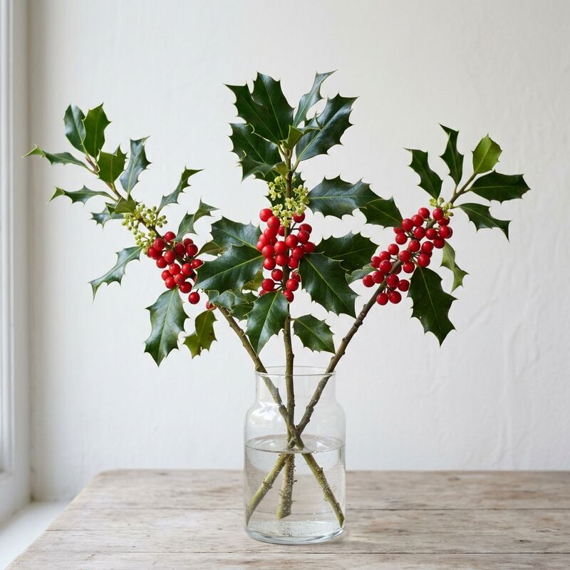 Steli recisi di Agrifoglio (Ilex) (Ilex aquifolium) in un vaso di vetro