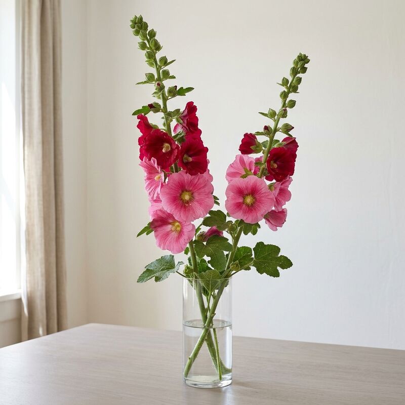 Schnittstiele von Stockrose (Alcea rosea) in einer Glasvase