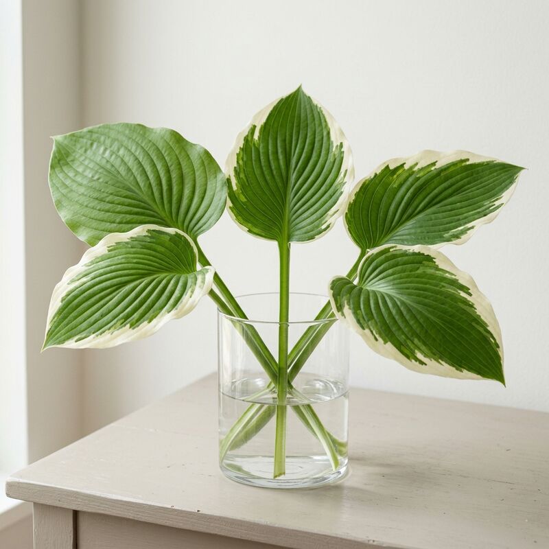Schnittstiele von Funkienblätter (Hosta plantaginea, Hosta spp.) in einer Glasvase