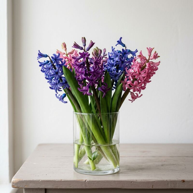 Schnittstiele von Hyazinthe (Hyacinthus orientalis) in einer Glasvase