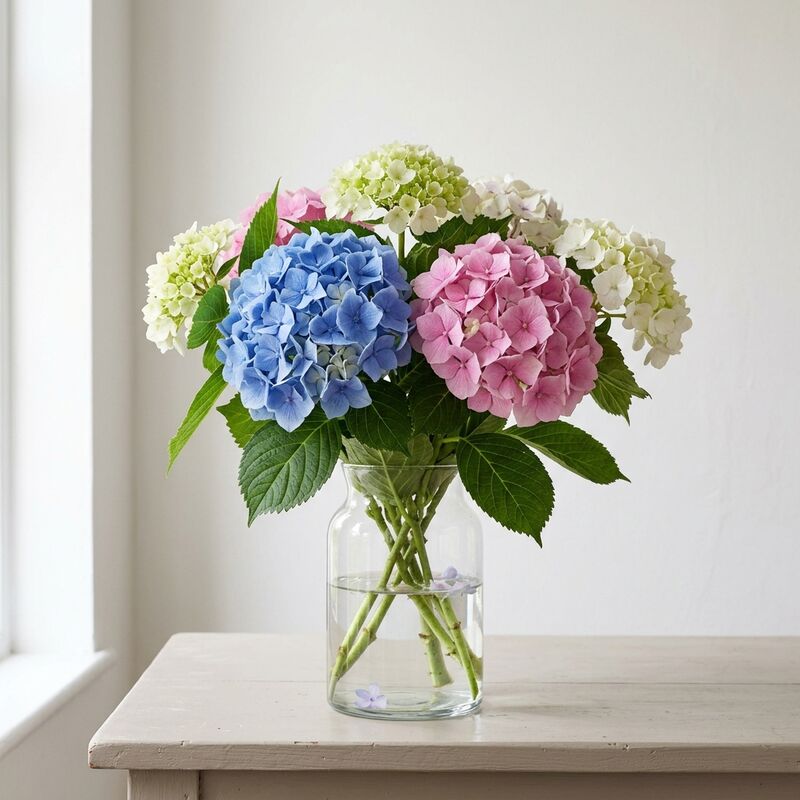 Schnittstiele von Hortensie (Hydrangea macrophylla) in einer Glasvase