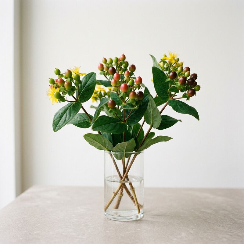 Schnittstiele von Johanniskraut (Beeren-Hypericum) (Hypericum androsaemum, H. × inodorum) in einer Glasvase