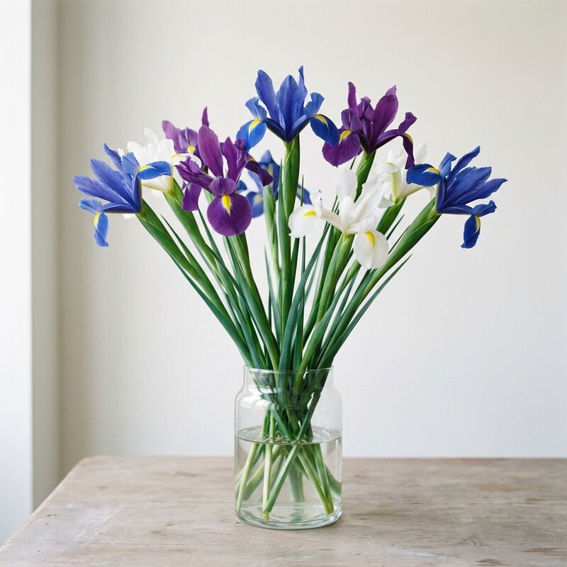 Schnittstiele von Schwertlilie (Iris) (Iris × hollandica) in einer Glasvase