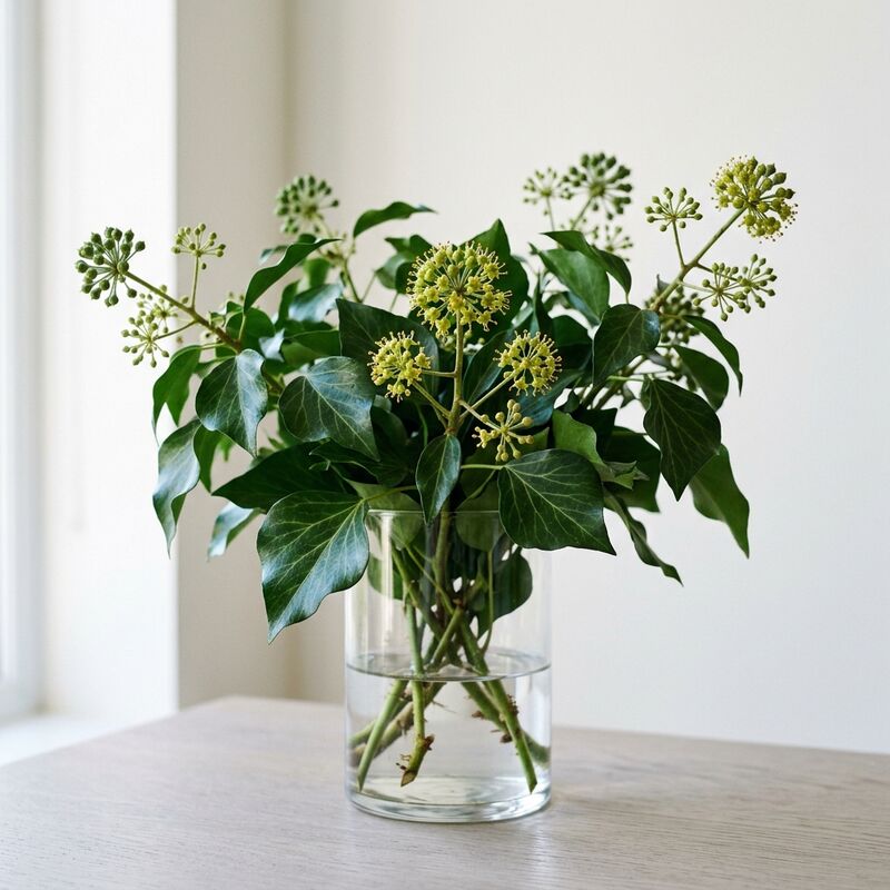 Steli recisi di Edera (Hedera helix) in un vaso di vetro