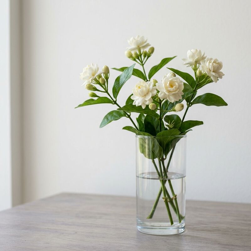 Steli recisi di Gelsomino (Jasminum sambac) in un vaso di vetro