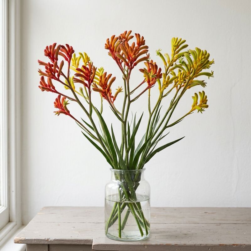 Schnittstiele von Känguru-Blumen (Anigozanthos) (Anigozanthos) in einer Glasvase