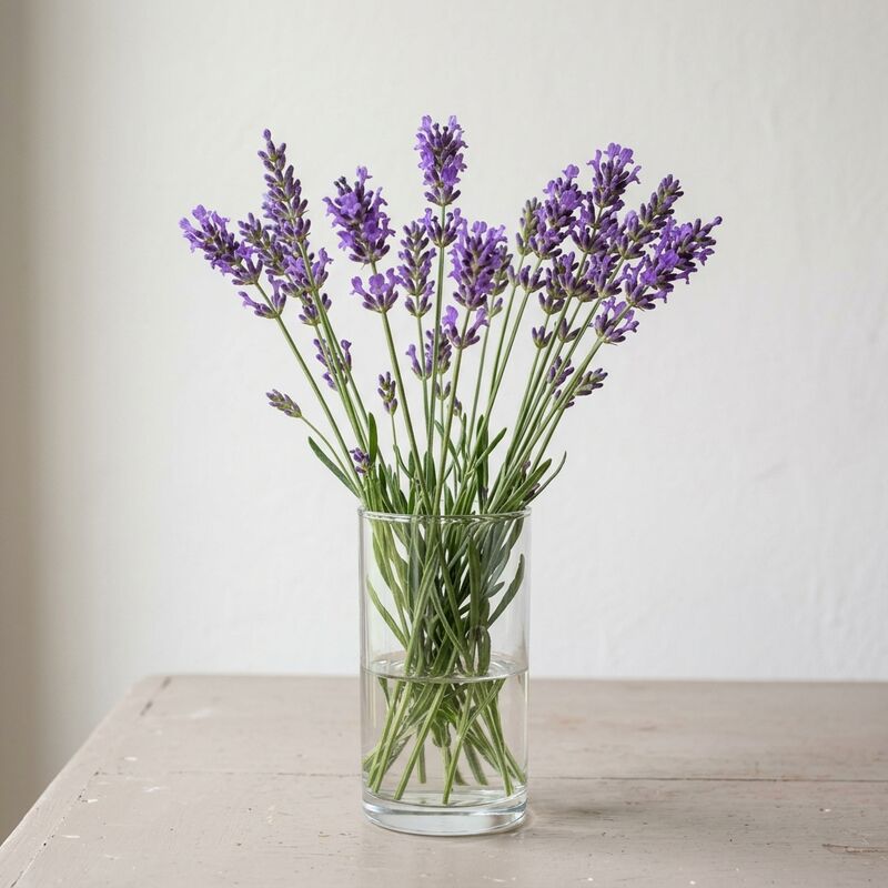 Schnittstiele von Lavendel (Lavandula angustifolia) in einer Glasvase