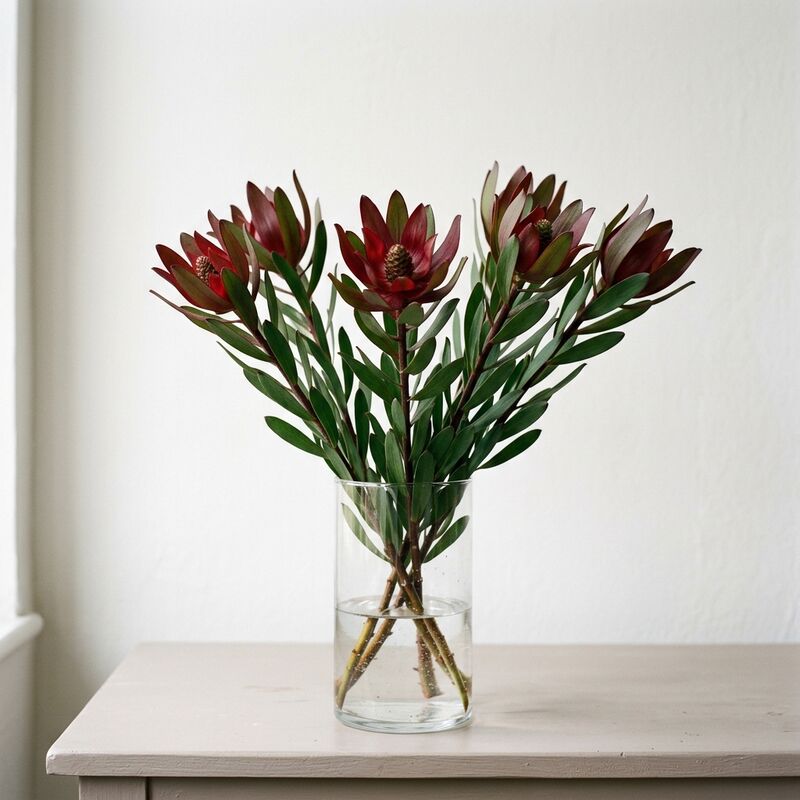 Steli recisi di Leucadendron (Leucadendron) in un vaso di vetro