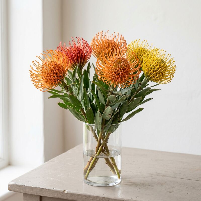 Leucospermum (Leucospermum cordifolium) en un jarrón de vidrio