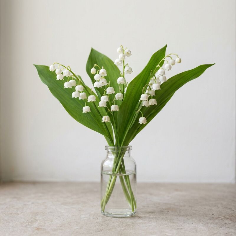 Schnittstiele von Maiglöckchen (Convallaria majalis) in einer Glasvase