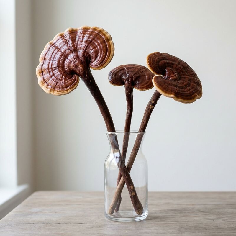 Schnittstiele von Lingzhi (Reishi) (Ganoderma lingzhi) in einer Glasvase